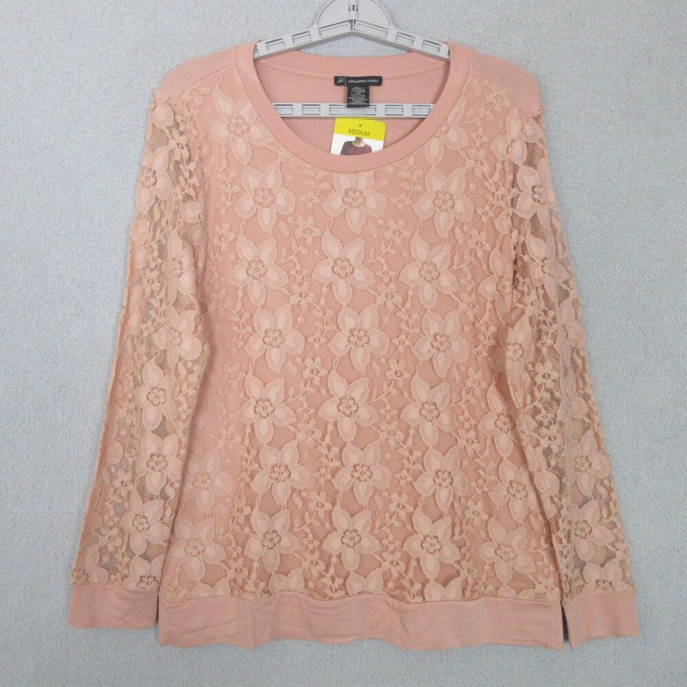 NWT Adrianna Papell Size M Style# ADIS300585 Warm Blush Lace Blouse Long Sleeves